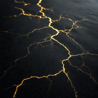 The primary subject of the image is a close-up of a cracked, black surface with yellow streaks. The setting appears to be a dark room, and the visual style is a black and white photo. The dominant colors are black and yellow, creating a dramatic and moody atmosphere.